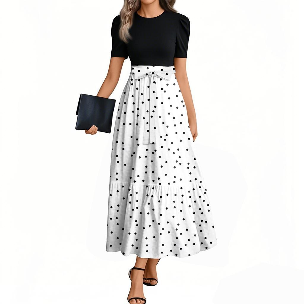 Damenmode Lässiger Gürtel Kurzarm Rundhals Retro Gepunktet Gedruckt Spleißen Elegantes Temperament Kleid