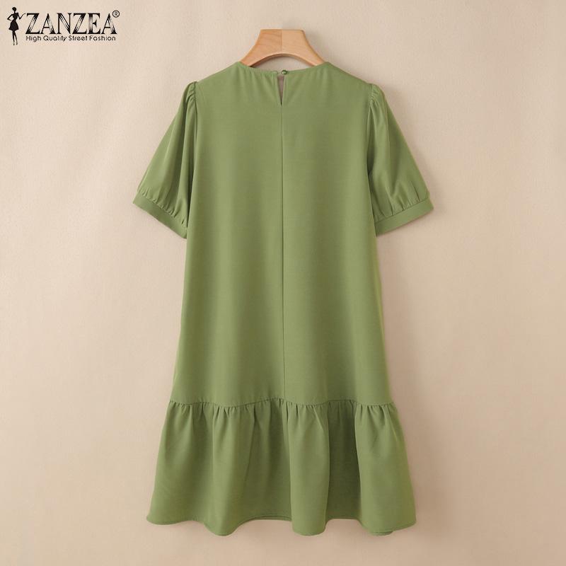 ZANZEA Women Casual Round Neck Solid Color Summer Short Sleeve Dress