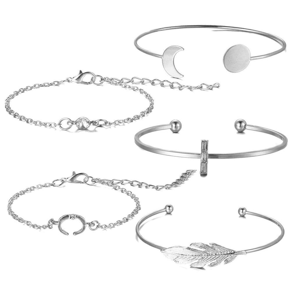 European & American Style Rhinestone Feather & Geometric Crescent Round Bracelet Set - 5 Pieces