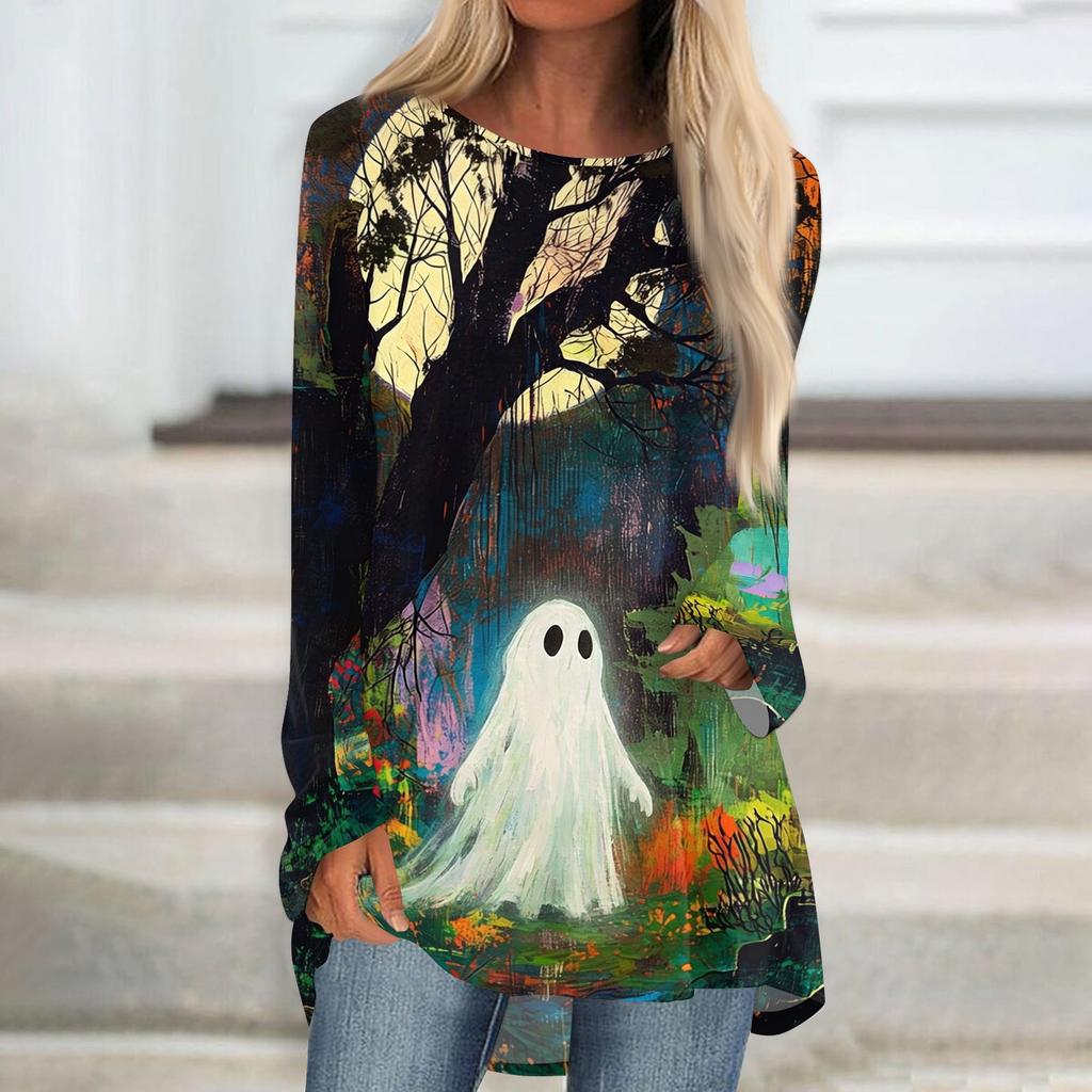 Women's Long Sleeve Round Neck Halloween Print Tunic T-Shirt for Casual Fall Fashion