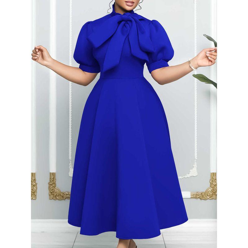 Temperament Long Dress Short sleeve Lace-up Bow Puffy Banquet Formal Dress European and American Dress