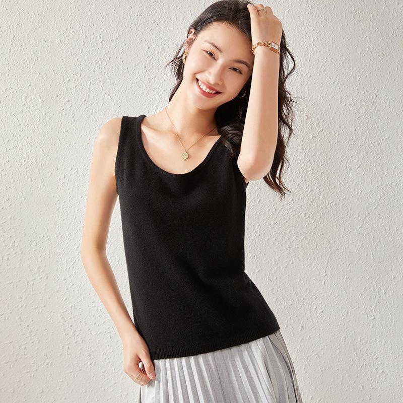 Women's Cashmere U-Neck Round Neck Knit Camisole - Solid Color, Warm, Twelve-Gauge