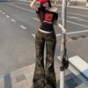 Damen Niedrige Taille Schlagjeans Lässige Camo Denim Hose Vintage Streetwear Hose