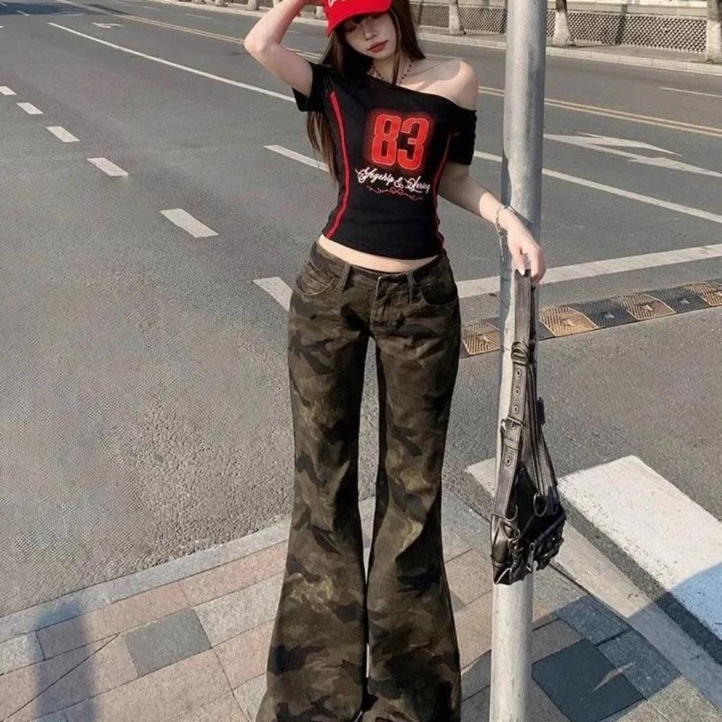 Damen Niedrige Taille Schlagjeans Lässige Camo Denim Hose Vintage Streetwear Hose
