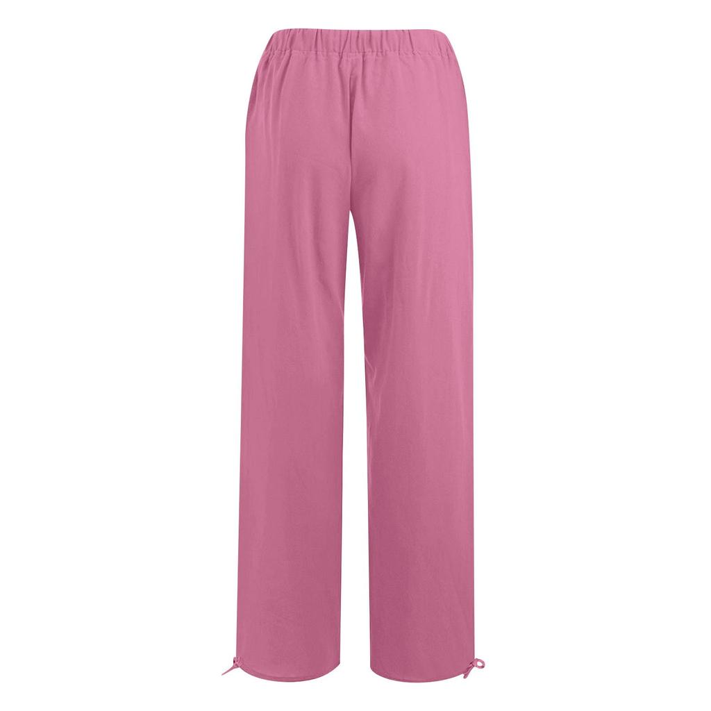 Damen 9-Hosen Lässige, lockere, hohe Taille, Baumwoll-Leinen, lange Hosen mit weitem Bein und Taschen
