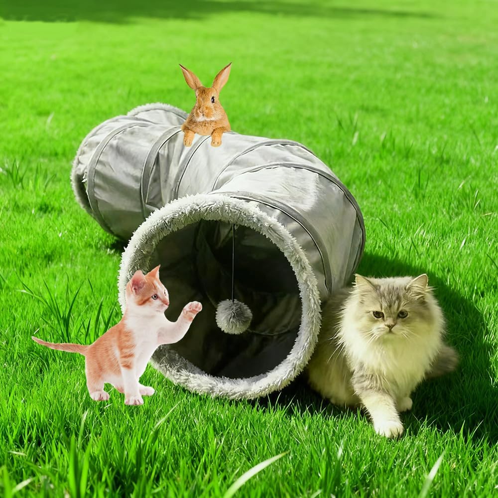 Cat Tunnel Tube Toy Kit Collapsible 2 Way Grey Plush, Pet Tunnels for Indoor Cats, Long Tubes for Puppy, Kitty, Kitten, Rabbit for Playtime &