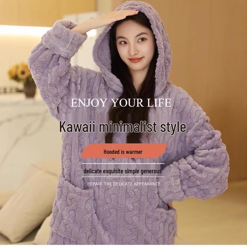 Damen Kapuzen-Zopfstrick-Pyjama-Set - Einfarbig, Dickes Korallenfleece, Plus Samt, Niedlicher langer Bademantel, Perfekt für Herbst und Winter