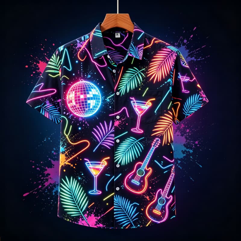 Herren Neon Print Hemd, Kurzarmhemd mit Taschen, Buntes Party-Atmosphäre Oberteil, Geeignet für den täglichen Gebrauch und den Urlaub