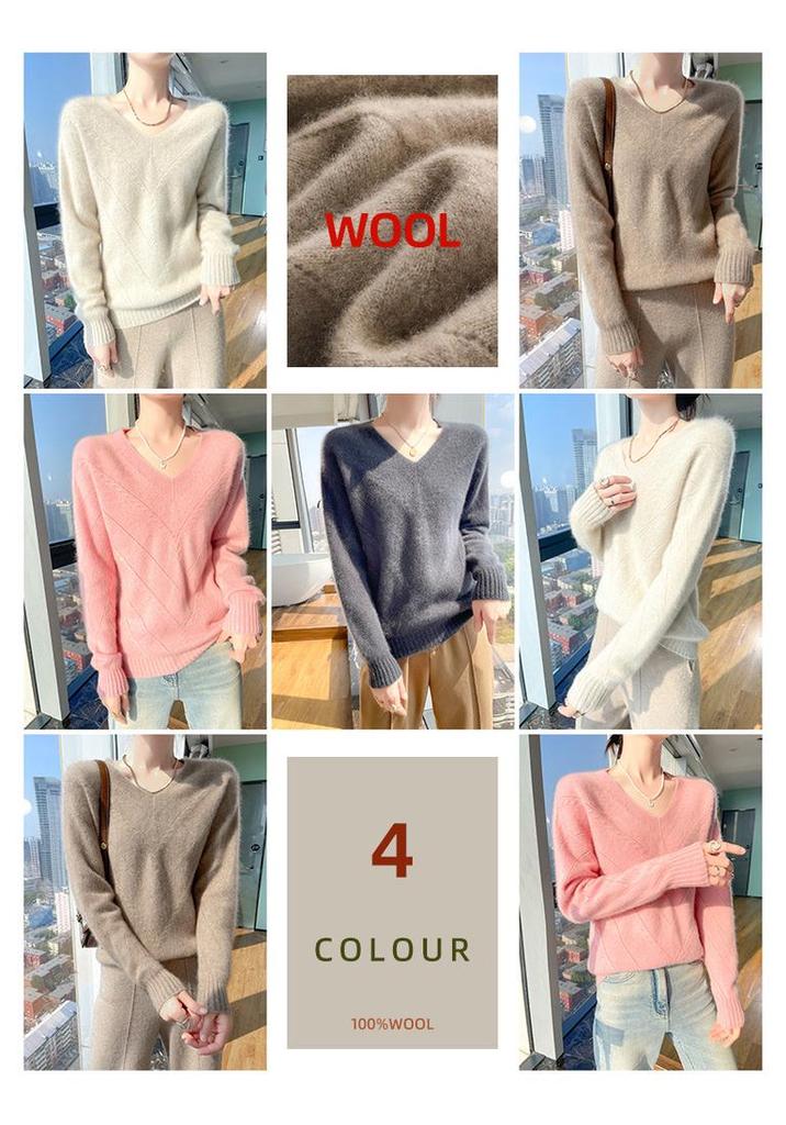 Women's Australian Pure Wool V-Neck Sweater - Autumn/Winter Loose Knit Long Sleeve Outerwear