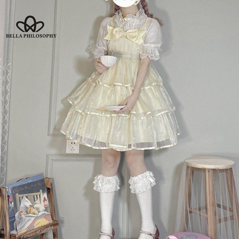 Lolita Guardian Sweetheart Bow Cake Dress Słodka JK Pończoch Drukuj Siatka Bufiasta sukienka księżniczki Kobieta