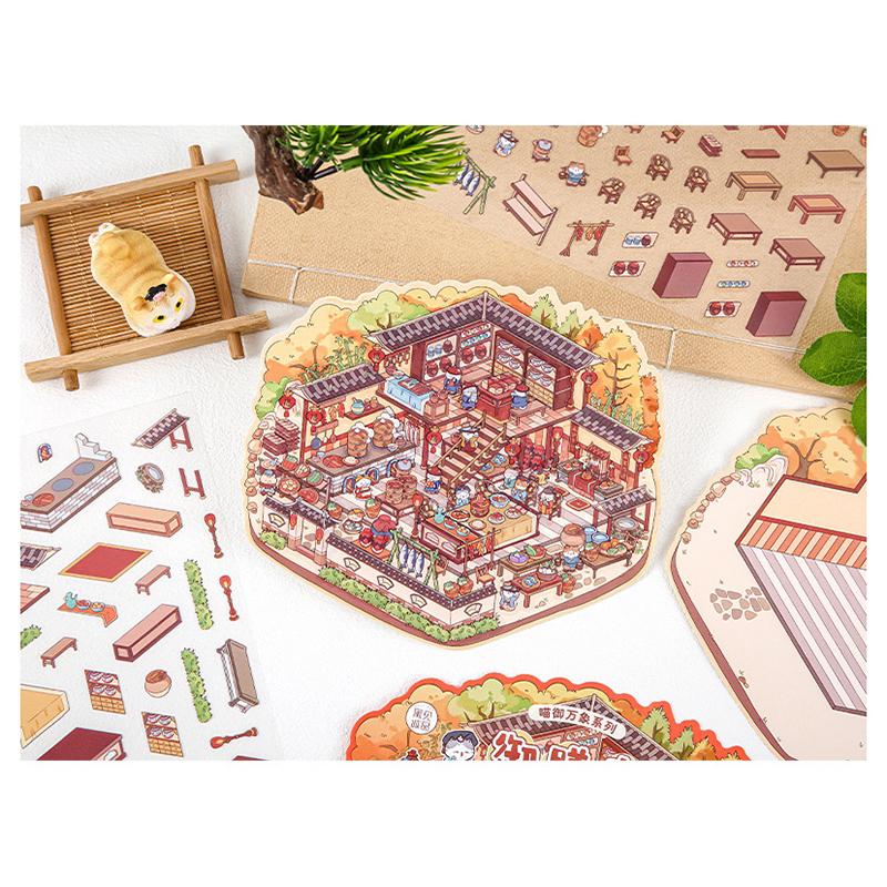 Zahlreiche Stile von Cartoon-Landschaftsaufklebern, Miniaturwelten, kleine kreative 3D-Hütten, dekomprimierende DIY-Szenen, Haustieraufkleber