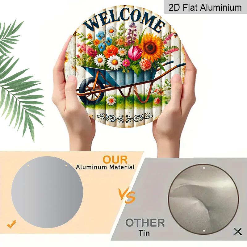 2D Flat 1pc, 8x8 in, Rustic Garden Welcome Sign with Vintage Unicycle & Colorful Flowers - Durable Aluminum Metal Wall Art for Outdoor Patio, Garage