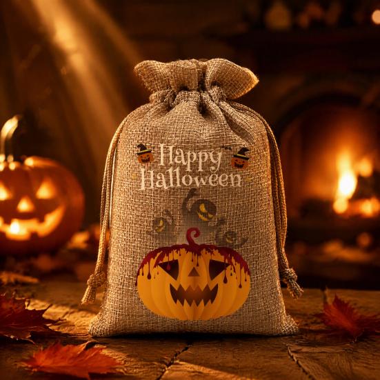 Handmade Style Party Bags 2Pcs Halloween Pumpkin Drawstring for Candy Treats, Retro Burlap Festival Totes Trick or Treat Bags, Portable Goodie