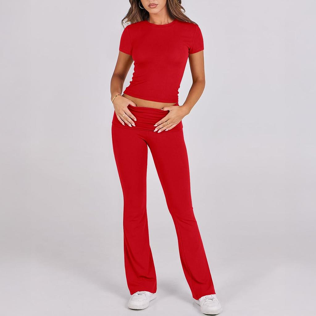 Women's Short Sleeve Flare Leg Tracksuit Set Multi Color Casual Outfit