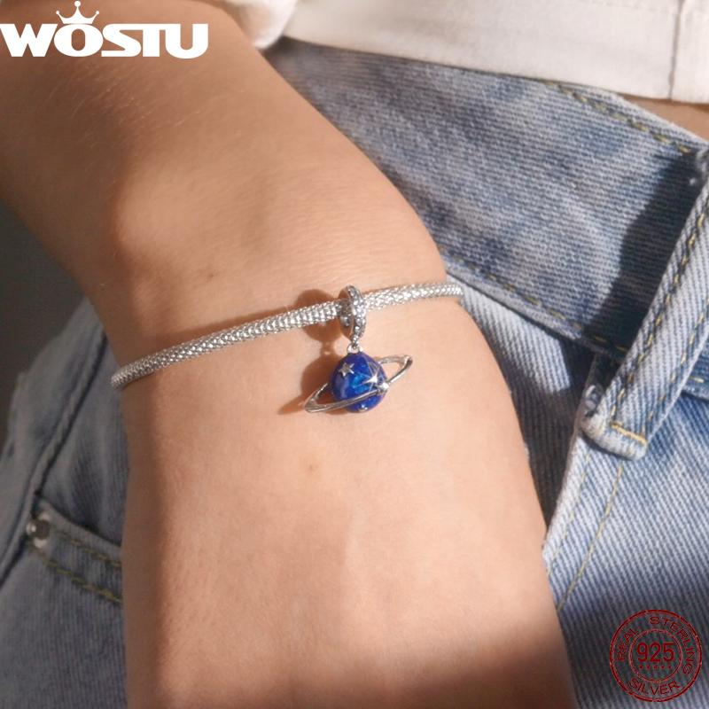 WOSTU Real 925 Silver Blue Series Moon Plane Space Beads Astronaut Charm Owl Pendant Fit Original Bracelet DIY Necklace