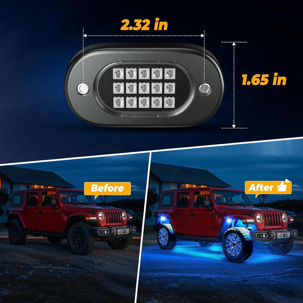 RGB LED Rock Lights 4/6/8/10/12/14 pods APP Control Music Neon Car Underglow Chassis Light for Offroad Truck SUV Rock Lights