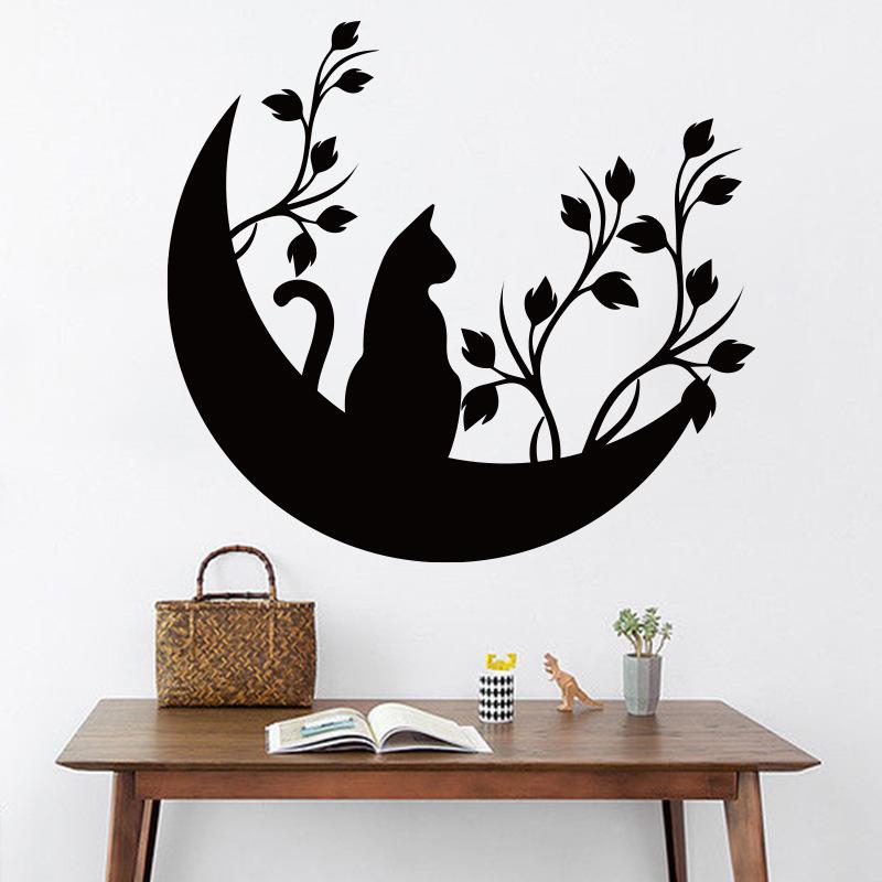 Black Moon Cat Wall Stickers Stars Home Bedroom Decor Peel and Stick Wall Art Removable Vinyl Decals for Room Beautification