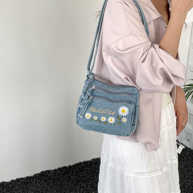 Lightweight Denim Zipper Crossbody Bag Stitching Line Embroidery Decoration Bag Hot Sale Casual Youth Women's Shoulder Bags