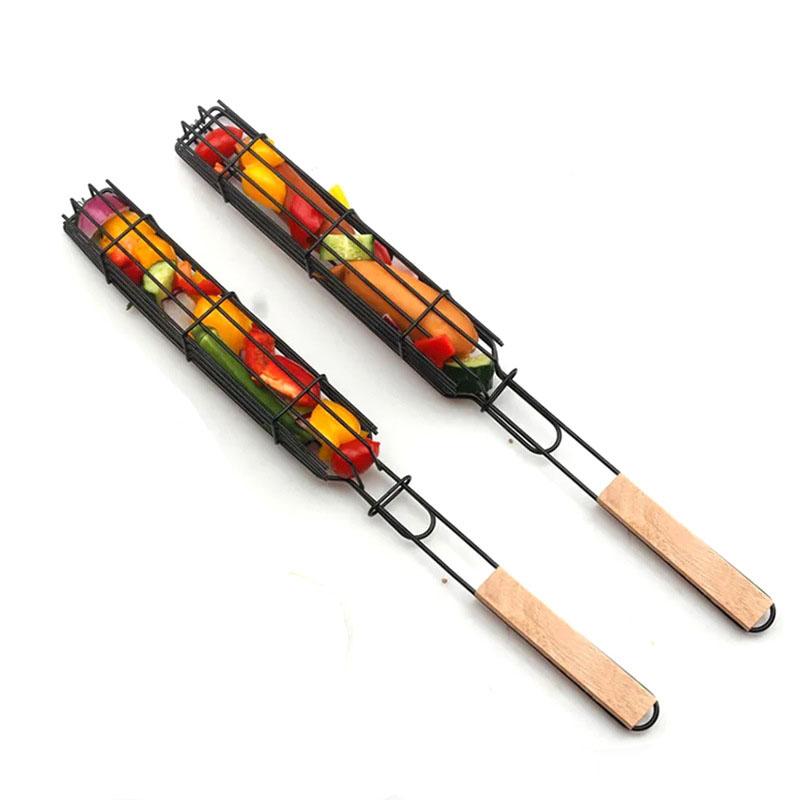 Non-Stick Kabob Grill Basket Carbon Steel with Wood Handles Portable BBQ Grilling Basket Outdoor Roasting Meat Accessories