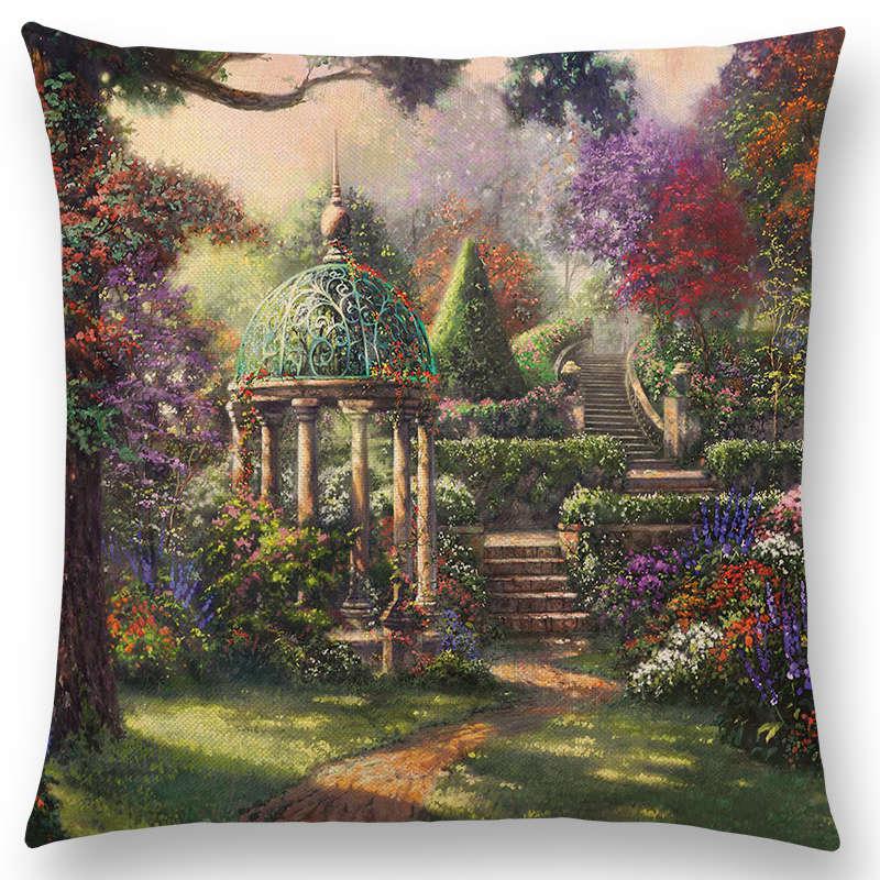 Home Decor Rustic Oil Painting Cushion Cover Beautiful Landscape Castle Lighthouse Sofa Pillow  Bedroom