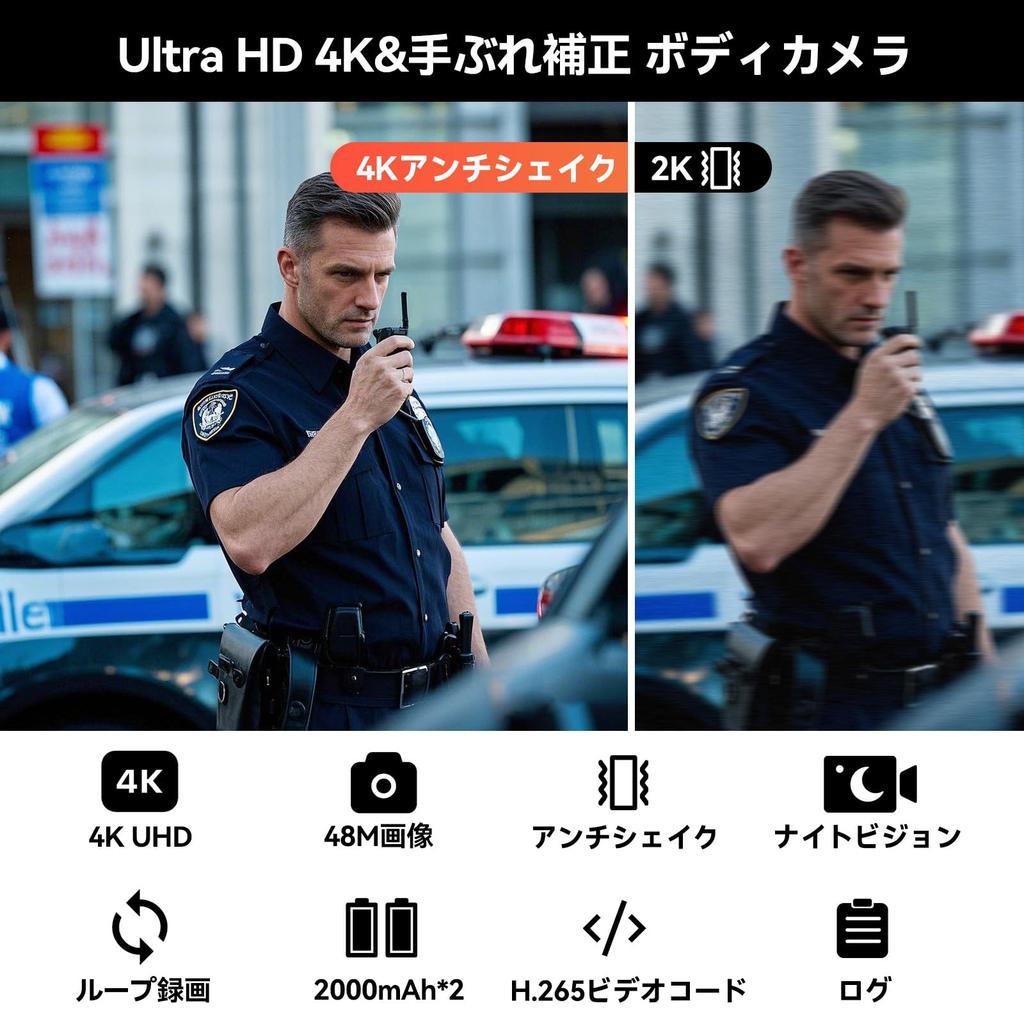CAMMHD W8 4K Body 4000mAh 2 Silent Loop Wearable Ideal for and Security Camera, 128G, Anti-Shake, Battery, Chargers, Mode, Recording, Camera, Police,