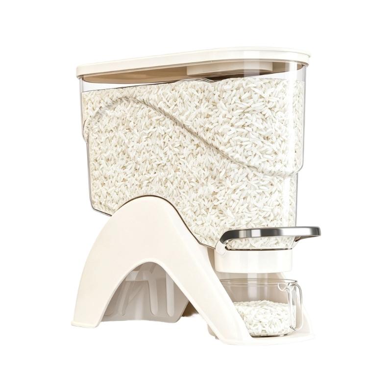 ABS Rice Storage Container with Press Section, Clear Bin and Removable Cup for Countertop Kitchen and Cabinet Access