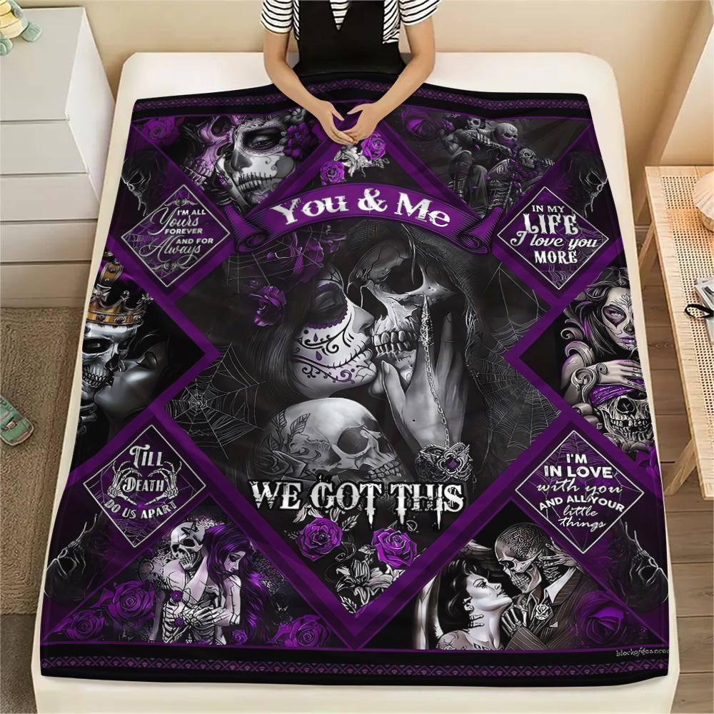 1Pc Skull Couple Print Flannel Blanket, High quality Comfortable for All Seasons, Home Decor, Warmth and Comfort, Perfect for Christmas Gifts