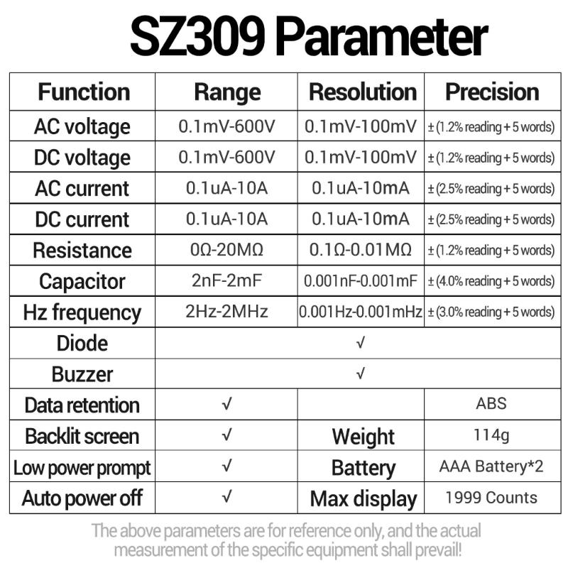 SZ309 Voltage Current Tester 1999 Counts Multimeter Multi Tester with Backlit Buzzer Ohmmeter Voltmeter
