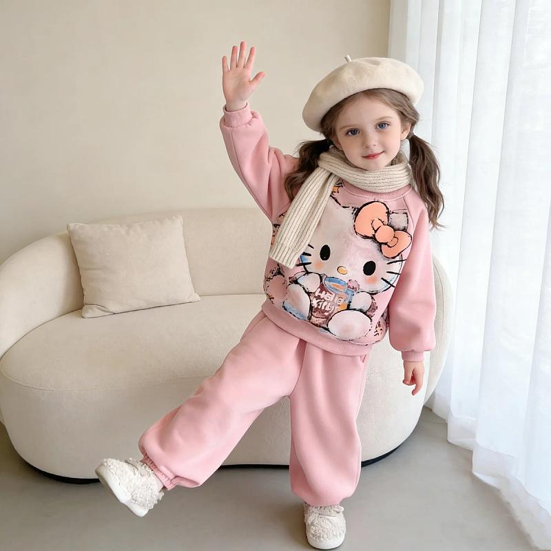 2026 Stylish Girls' Fleece-Lined Hoodie & Jogger Set - Winter Warm Cartoon Design