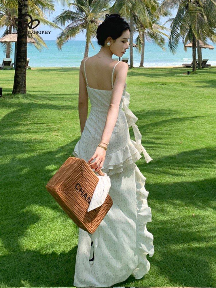 Elegant Ruffles Maxi Dress Summer Sexy Straps Sleeveless Ruched Evening  Party Dresses for Women Holiday Beach Club Outfits  buy the best products  in the Ayzeze online store