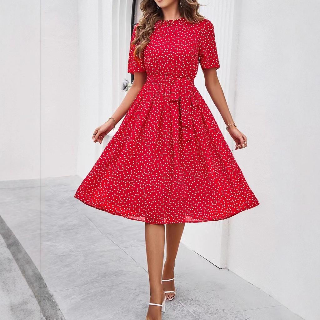 Women's Spring and Summer Temperament Casual Polka Dot Lace-up Print Dress