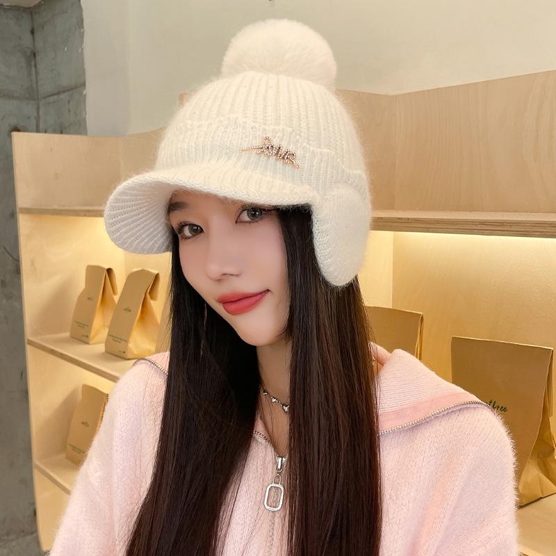 

Женская осенне-зимняя вязаная шерстяная шапка в корейском стиле, универсальная, утолщенная, ветрозащитная, с защитой ушей, зимняя теплая плюшевая кепка с козырьком average size