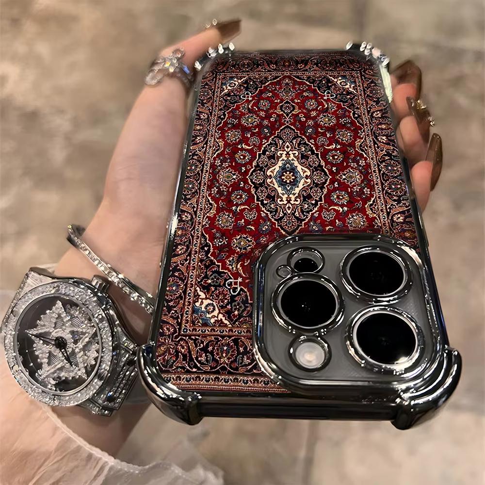 Persian Carpet Floral Pattern Plating Phone Case For iPhone 17 Air 16e 15 14 13 12 11 Pro Max Plus Mini SE Anti-Fall Airabag