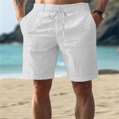 Men's Casual Cotton Linen Shorts Summer Breathable Solid Color Elastic Waist Drawstring Trousers Streetwear Activewear S-3XL