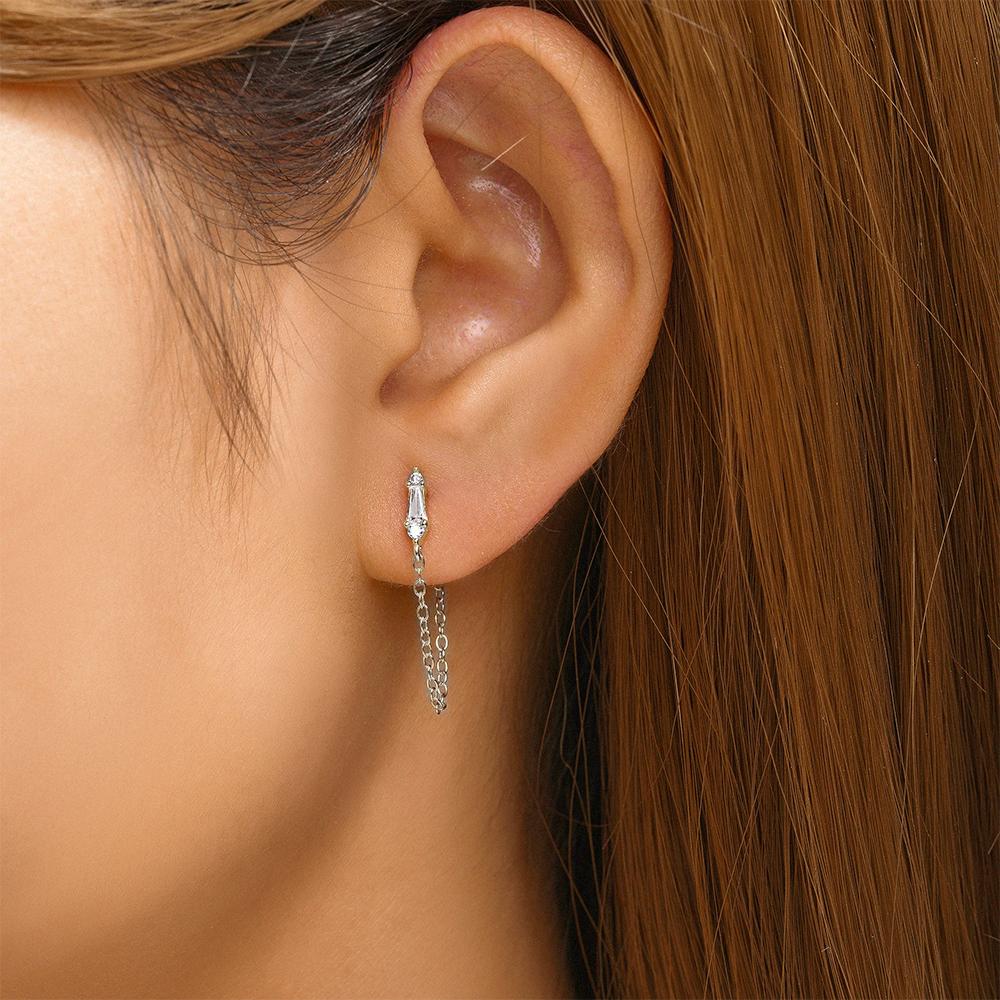 Fashion Jewelry 925 Sterling Silver Earrings Geometric Diamond Zircon Chain Tassel 18K Gold Plated Stud Earrings for Women