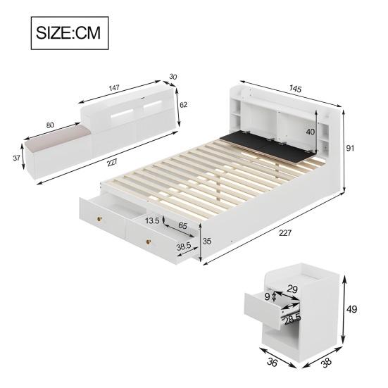 140 X 200cm Storage Bed with Drawers Headboard Built-in Storage Compartment Bedside Table Sofa Bench Strong Wood Slat Support Bed Home Furniture