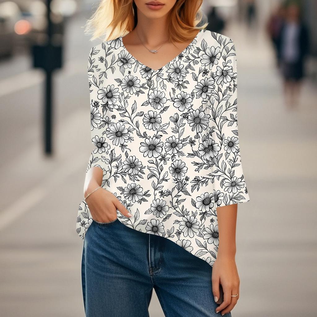 Womens Tops V-neck 3/4 Sleeve Blouses Casual Mid-length Shirts Fashion Print Tunic Tops
