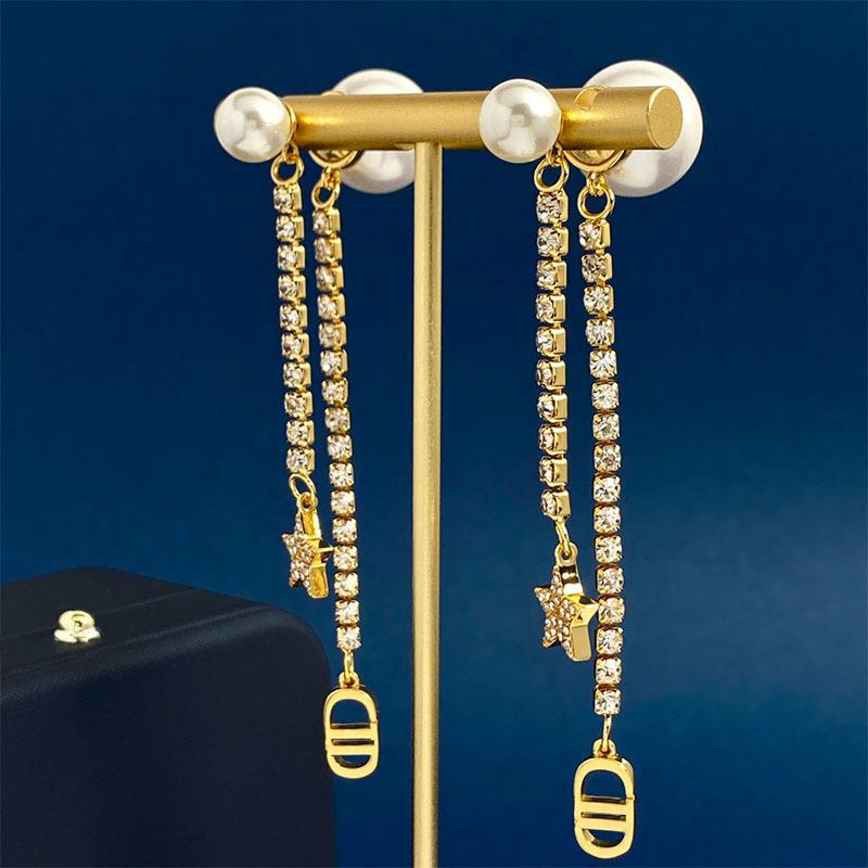D Front And Rear Pearl Pearl Earrings Long Diamond Fringed Cd Letter Star Stud Earrings Brass Earrings