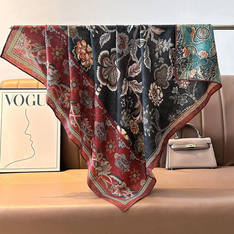Chinese Style Peony Velvet Square Scarf 91 Women's Spring and Autumn Silk Scarf Shawl Two-color Different-faced Scarf Mother Gift