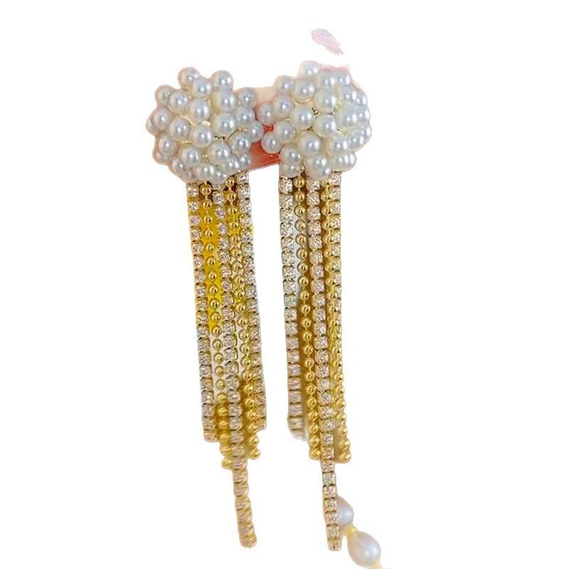 French retro pearl flower earrings for women, designed to show their faces, thin and long fringed earrings, earrings.