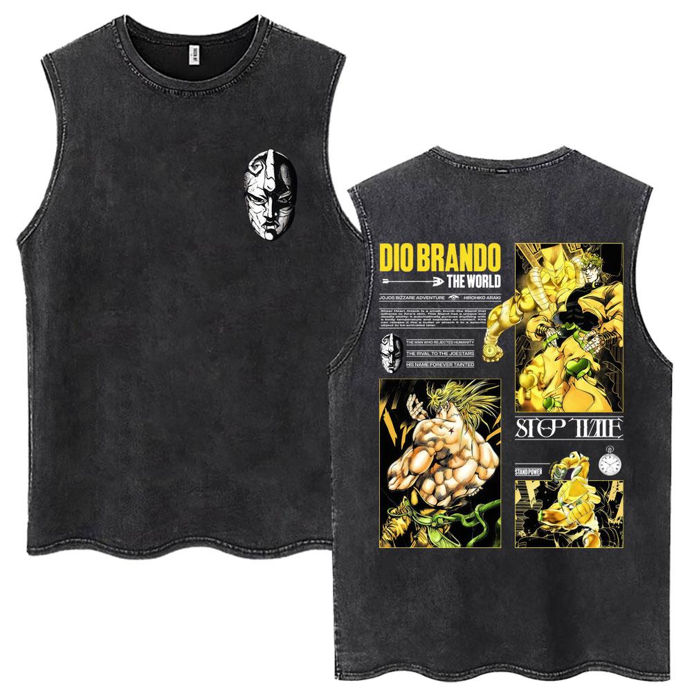 

Anime Jojo Bizarre Adventure Brando Washed Tank Tops Men Women Vintage Vests Loose Cotton Sleeveless Tshirt 3XL