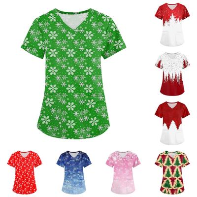 Plus Size Printed Scrub Working Uniform Tops For Women's Cross V Neck Christmas Print Short Sleeve Fun T-Shirts Workwear Tee With Pockets