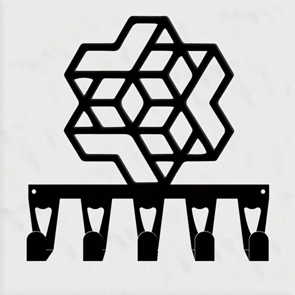 Modern Hexagon Wall Mounted Key Holder with 5 Hooks, Forged Iron Craft Geometric Entryway Decor