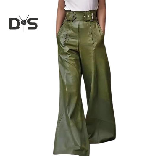 Women Flared Pants Slim High Waist Loose Pockets Faux Leather Elastic Waist Wide Leg Streetwear Solid Color Trousers for Work Leisure Daily Wear