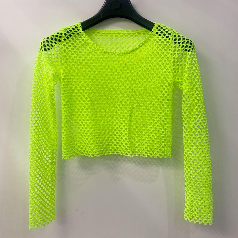 

Fashion Plus Size Loose Multi-Color Optional Long Sleeves Mesh Blouse Cut Out Breathable Personality Dance Hip Hop Fashion T-shirt Fluorescent green S