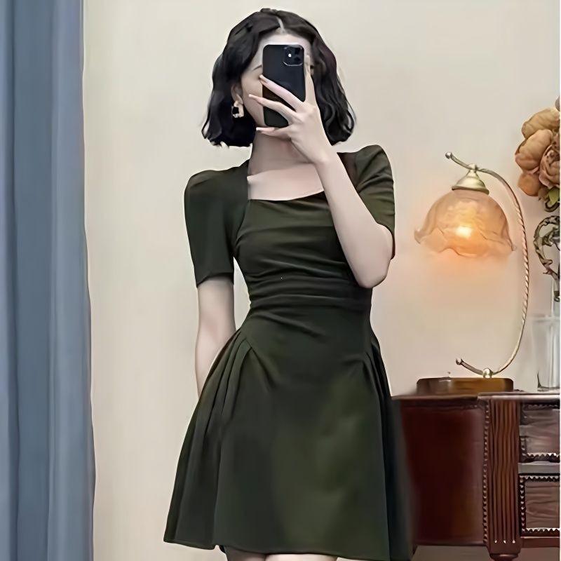 High-end French Square Neck Dress Women's Summer New Niche Waist and Thin Small A-word Short Skirt