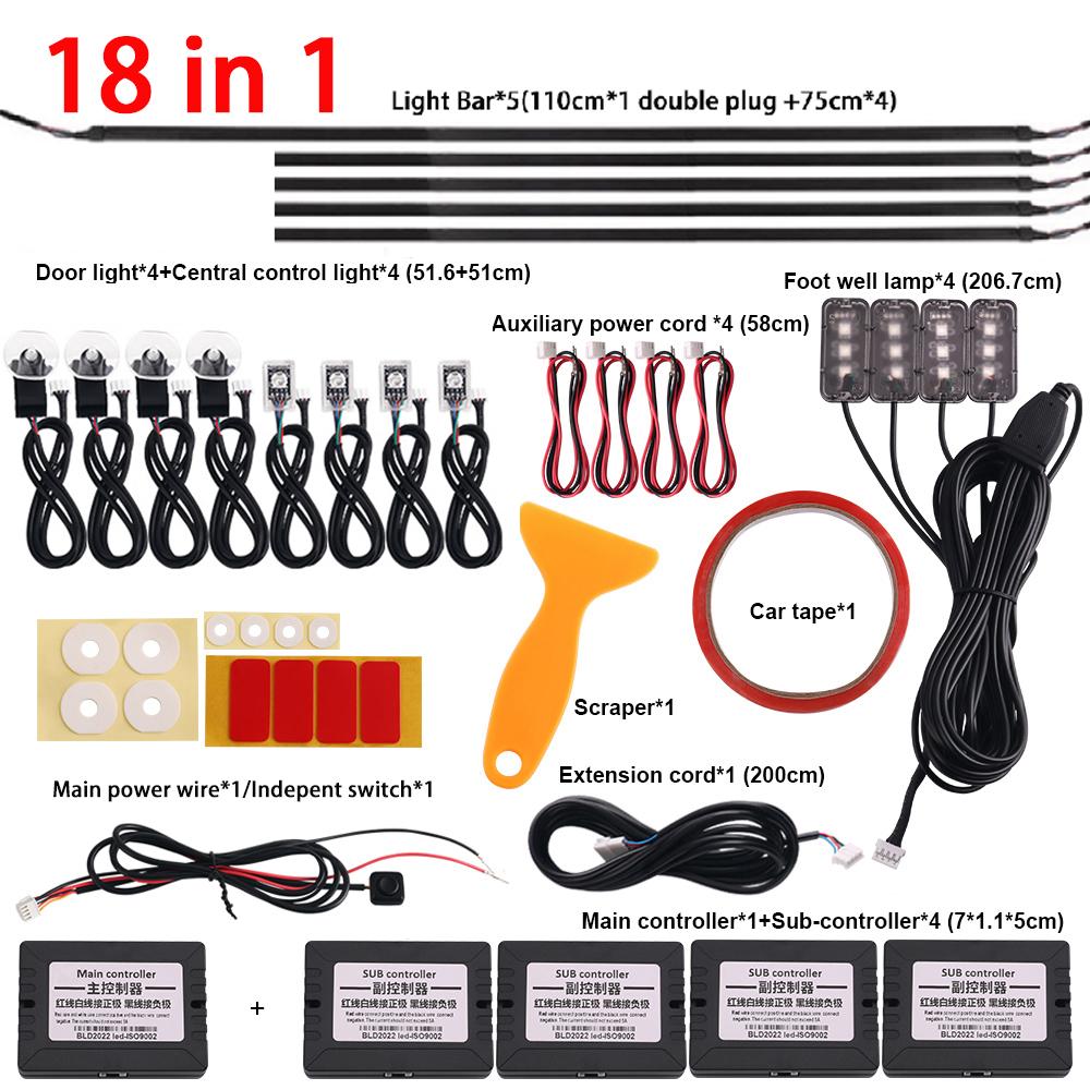 18 v 1 64barevné RGB Symphony Car Ambient Light Interiérové ​​akrylové vodítko LED páskové světlo Dekorace Atmosférická lampa pomocí ovládání aplikací