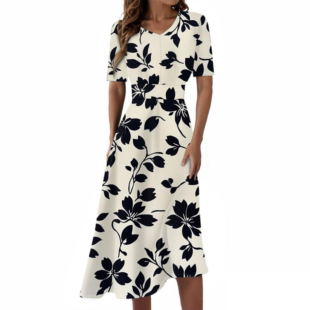Damen Freizeitmode Kleid mit Blumendruck, V-Ausschnitt, kurzen Ärmeln und taillenlang