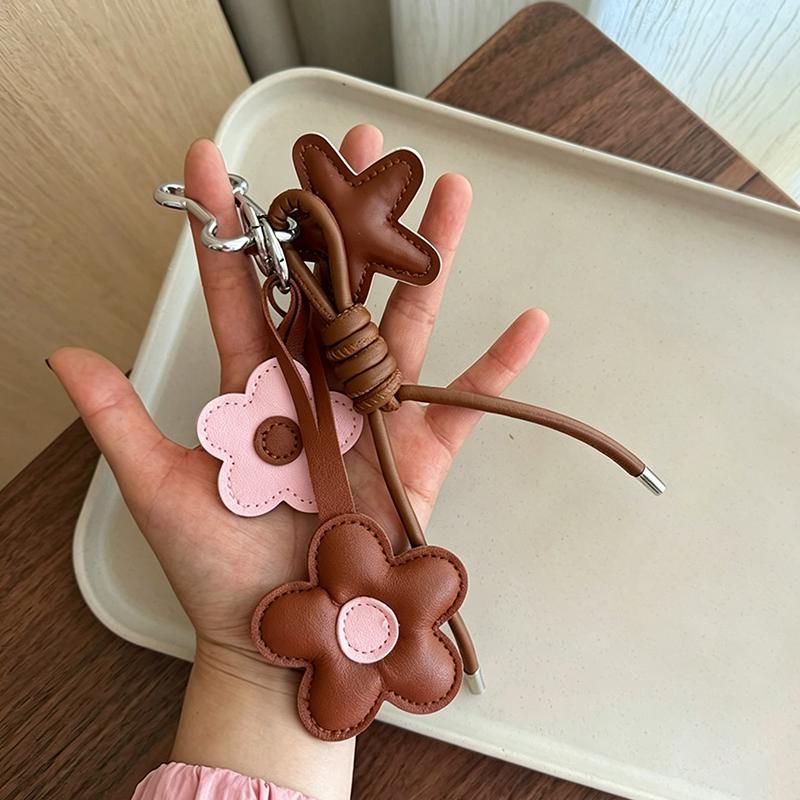Yogodlns Flower Faux Leather Bag Charm, Braided Cord Cute Leather Star Accessory Bag Pendant for Women Girls
