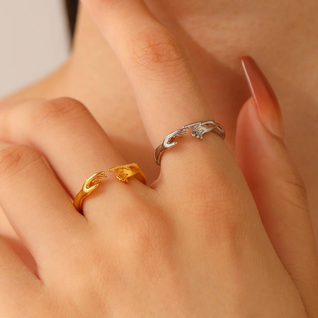 Creative Two Hands Shape Open Adjustable Ring Minimalist Unique Statement Finger Ornament for Women Daily Fashion Matching Jewelry